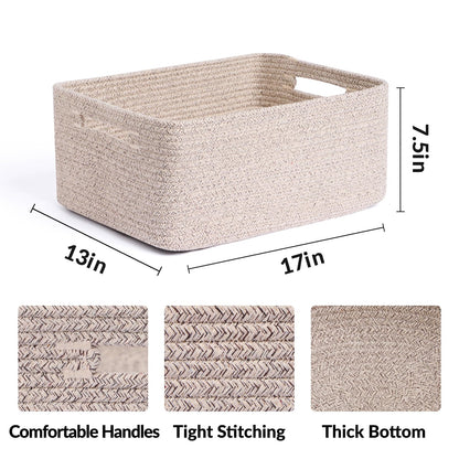MiniArk Large Storage Baskets for Shelves, Closet Organizers Bins for Clothes Blanket Towels, Baby Nursery, Toy Baskets Box, Woven Rope Baskets, 17 x 13 x 7.5”, 3 Packs Mixed Brown