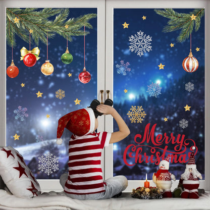MEHOFOND Christmas Window Clings Stickers, 8 Sheets Xmas Balls Branches Snowflake Christmas Decorations, Xmas Window Decals Stickers for Home Shop Glass Windows, Winter Holiday Display Decor