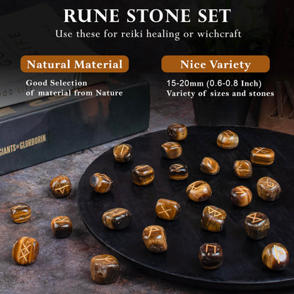 Crocon Tiger Eye Gemstone Tumbled Rune Stones with Elder Futhark Alphabet Engraved 25 pcs Runes Set Crystal Divination Healing Chakra Reiki with a Pouch & A Rune brochure Size : 15-25 mm