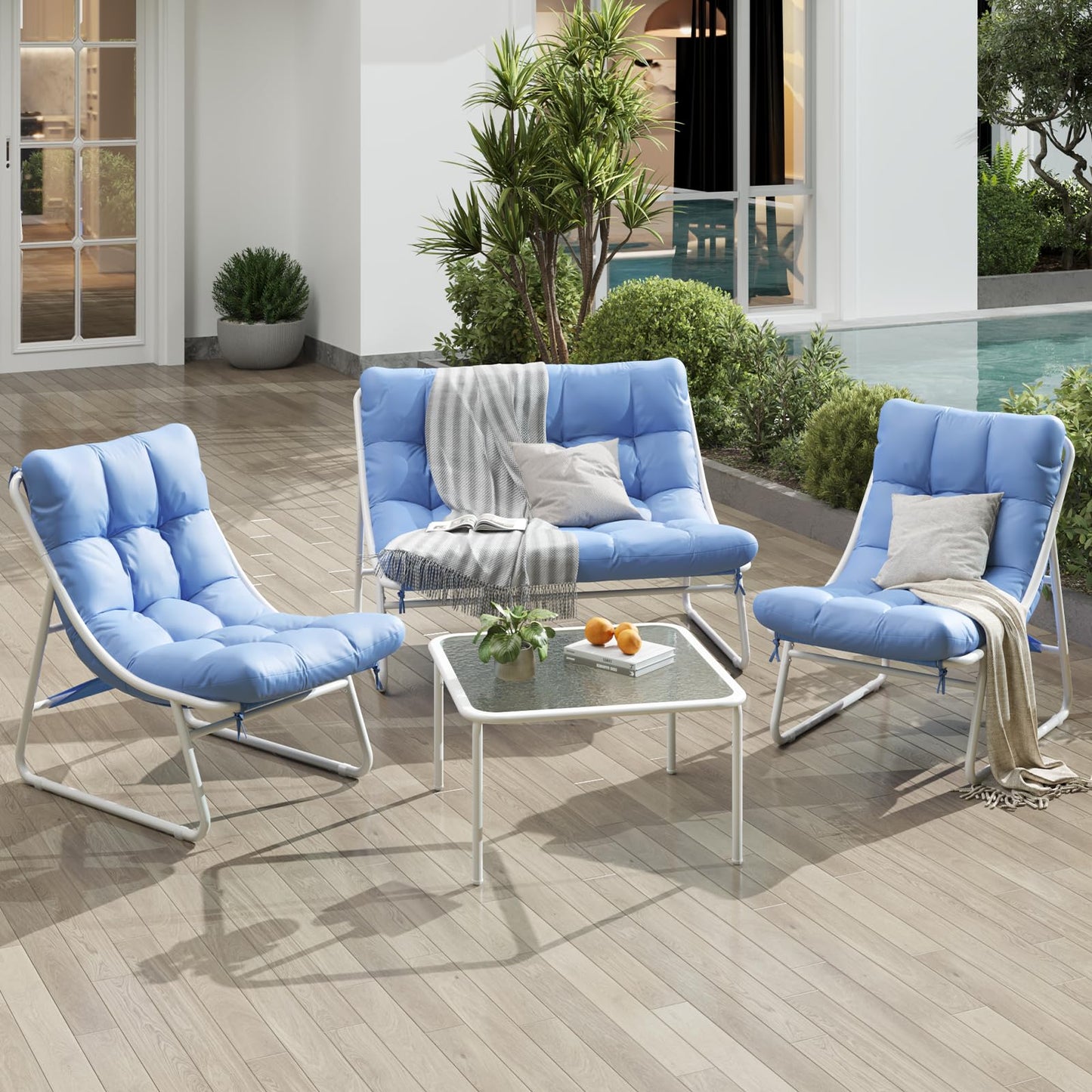 Jocoevol Patio Furniture Set, 4-Piece Outdoor Patio Conversation Set, 2-in-1 Metal Patio Sofa Sets with Cushions & Glass Coffee Tablefor Backyard, Garden, Porch, Poolside, White & Blue