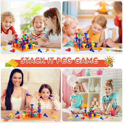 Shappy Toddler Peg Board Kids Montessori Colorful Stackable Toys 120 Pcs Pegs with 4 Foam Board 4 Sets Learning Educational Toy for Preschool Color Recognition Counting Skill with Lacing String Bag