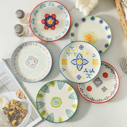 UniqueLife Hand-Painted 6 Inch Dessert Plates Set of 6, Mixed Design Ceramic Appetizer Snack Salad Plates, Microwave Dishwasher Oven Safe Small Plates for Cake Bread Fruit, Gift-Ready -Mixed