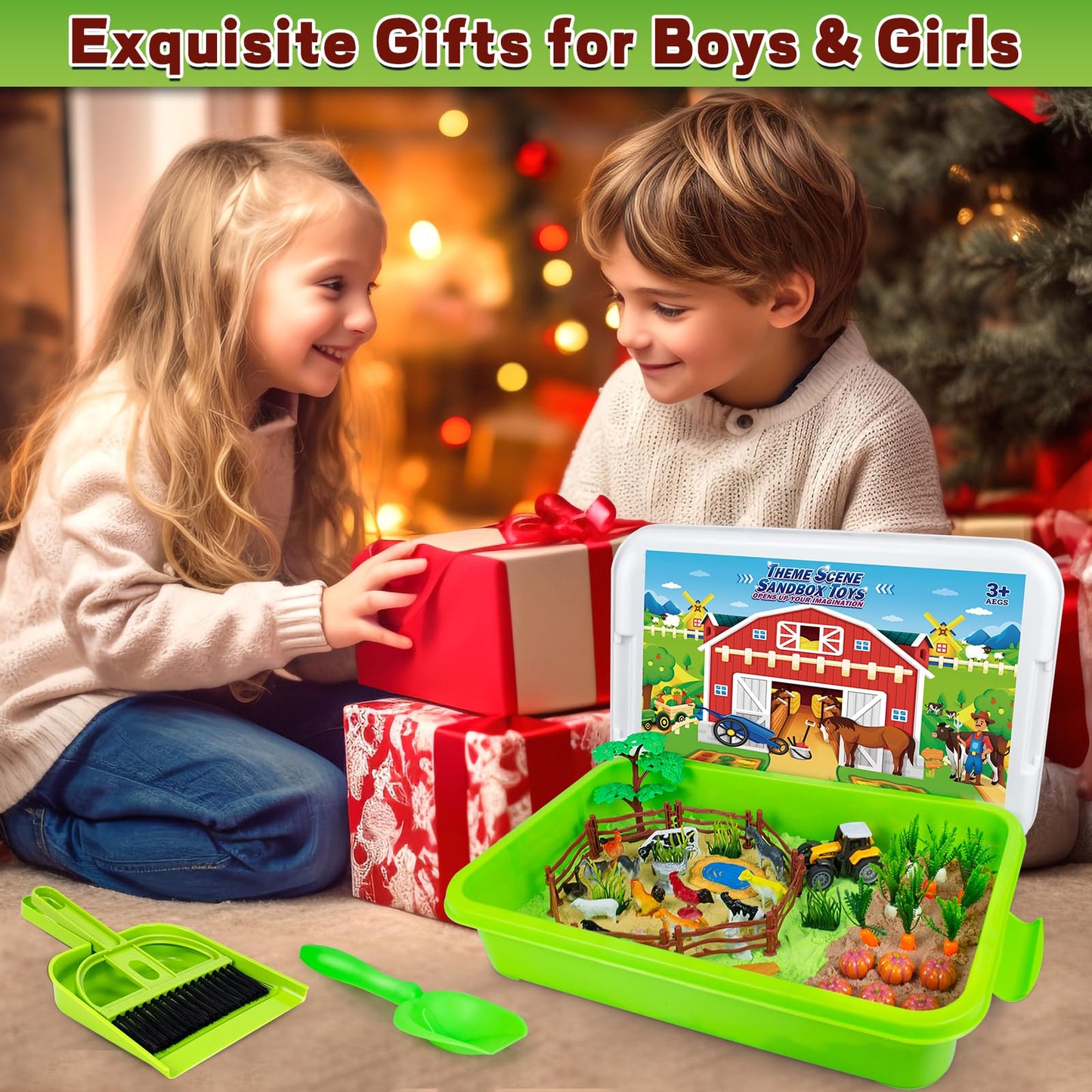 Bloolilies Sensory Bin, 59 Pcs Farm Sensory Sand Box Kits with Sandbox & Farm Animals & Tractor Playset, Play Sand Art Kit Magic Sand Toys for Boys Girls Toddlers Birthday Gift for Kids