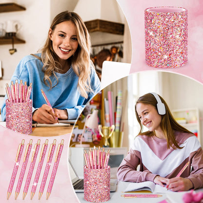 BBTO Bling Sequin Pen Holder with 6 Pcs Sequin Click Pens Cute Glitter Retractable Ballpoint Pens, Pencil Cups for Desk Organizer Makeup Brush Holder for Women Girls Classroom Offices(Pink)
