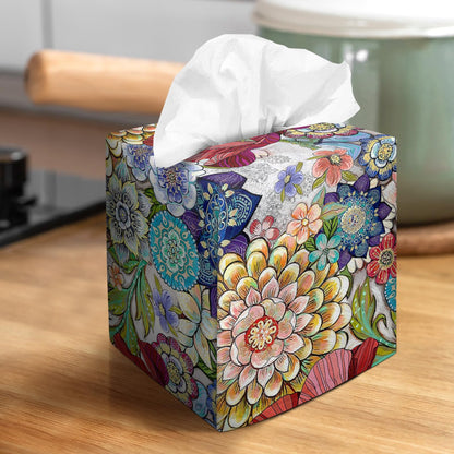 Tissue Box Cover Square Velvet Decorative Tissue Box Holder Cute Funny Cube Tissue Case Cover-Boho Floral Tissue Box Cover