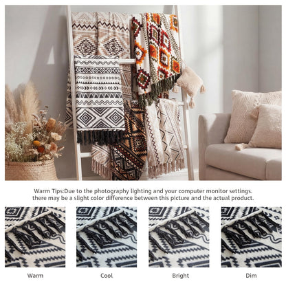CASAAGUSTO Boho Throw Blanket for Couch - Farmhouse Throw Blanket with Tassel, Western Aztec Blanket, Printed Flannel Bohemian Blanket,Gifts for Women(50x60 Inches, Black and White)