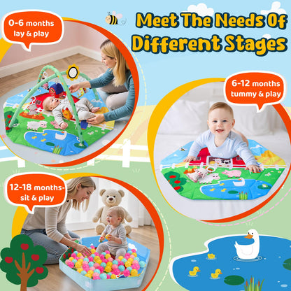 Farm Animal Baby Gym Play Mat, 9-in-1 Tummy Time Mat with 7 Baby Toys, Washable Baby Activity Mat for Visual, Sensory, Motor Development, Newborn Baby Toys Gift for Toddler 0-3-4-6-9-12 Months