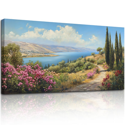 crmotu Large Landscape Wall Art, Mountain Wall Art, Lake Pictures Wall Decor, Pastoral Scenery Canvas Prints, Meadow Wildflower Paintings for Living Room Bedroom Dining Room Farmhouse 29x57inch