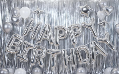Silver Happy Birthday Banner Balloon Aluminum Foil 16 Inch Letter,10 Inch Five Pointed Star Four Pointed Star Suitable for Kids, Men, Women, Boys and Girls Party Decoration Supplies
