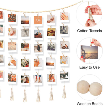 BIZYAC Hanging Photo Display with Clips Wall Boho Decor Beads Garland - Sculptural Picture Frames Collage - 30 Clothespins - 2 Non-Trace Hook - No Holes Drilling - 45 x 45 inch