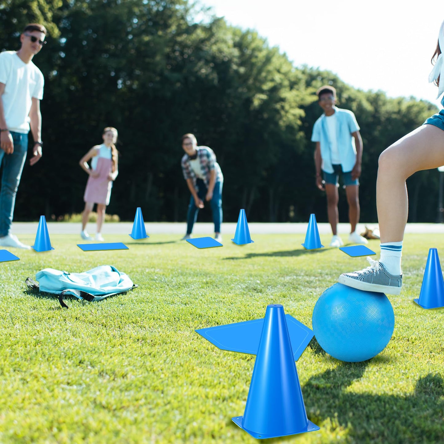 Jenaai 20 Pcs Sports Kickball Set, 3 10'' Playground Ball, 5 Rubber Throw Down Bases, Ball Pump, Net Bag, 10 Foul Line Cones, Kickball All in One Kit for Kids Adults Playground Backyard Game(Blue)