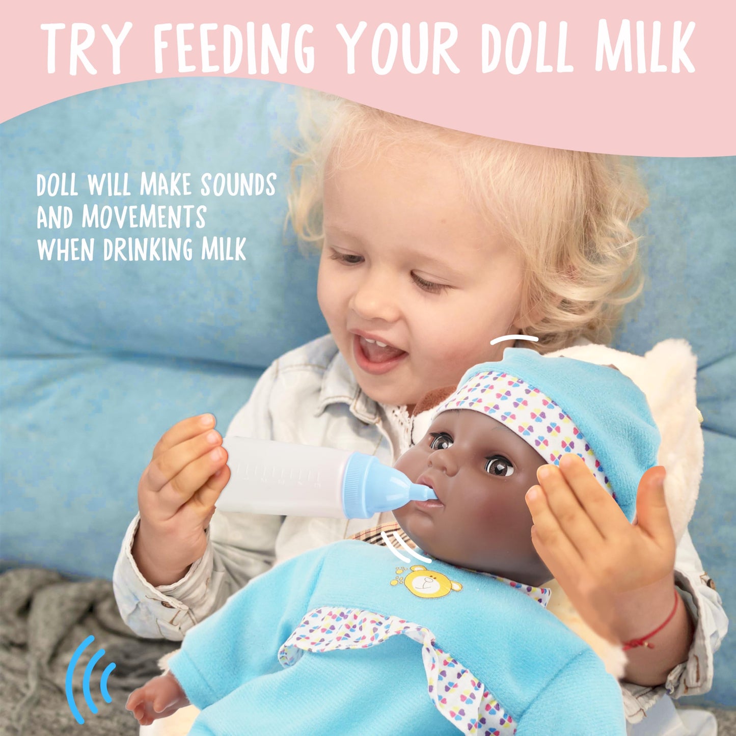 Toy Choi's Interactive Baby Doll Blue - 16 Inch Crying Talking Feeding Dolls with Different Sounds and Accessories, Pretend Play Preschool Toys for 2 3 4 5+ Year Old Girls Boys Gift, Black Doll