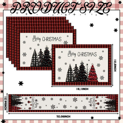 Patelai 7 Pcs Christmas Table Runner and Placemats Set Merry Christmas Buffalo Plaid Table Runner Xmas Placemats Red Black for Holiday Kitchen Dining Room Decor Party Wedding Decoration