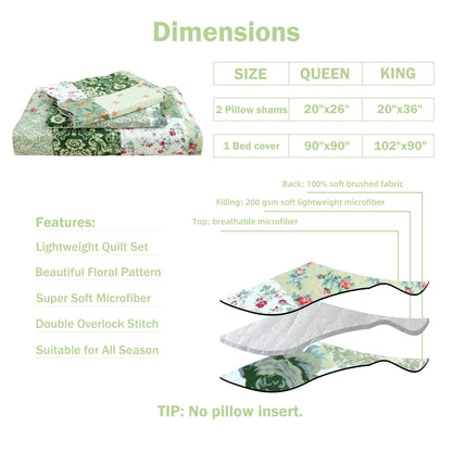 Cmfshape Summer Floral Queen Quilted Bedspread,Romantic Green Quilt Set,Reversible Stitched Bedding Cover All Season,Soft Lightweight Coverlet with Pillow Cases (Green&White, Queen90 x90)