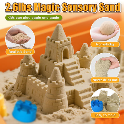 Lehoo Castle Sensory Table with Sensory Sand, Indoor Sensory Bin with Lid & 2.6lbs Play Sand, Construction Kit with 6 Alloy Trucks & Castle Molds, Sensory Toys for Toddler Boys and Girls