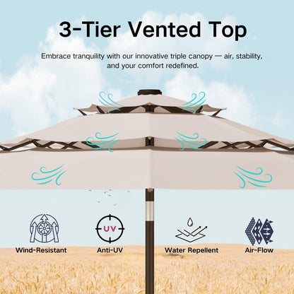 Kingdura 9ft 3-Tier Patio Umbrella with Solar Lights, Table Umbrella Outdoor Patio with Easy Crank & Tilt, 8 Sturdy Ribs, UV Protection, 32 LED Lights for Deck, Poolside, Market (Beige)