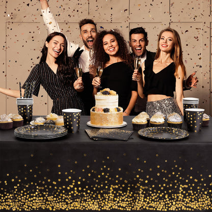 PHOGARY 61 Pcs Black Gold Disposable Tableware Set, Paper Plates and Napkins Party Supplies Dinnerware Golden Dot Black Plates Cups Straws Napkins Plastic Tablecloths for Birthday Party Decorations