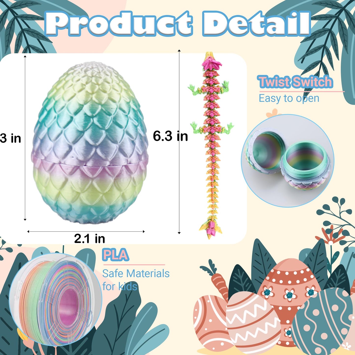 6PCS 3D Printed Dragon Eggs with Dragon Inside, Easter Basket Stuffers Mini Mystery Crystal Egg Fidget Toy, Surprise 3D Printed Animals Toy