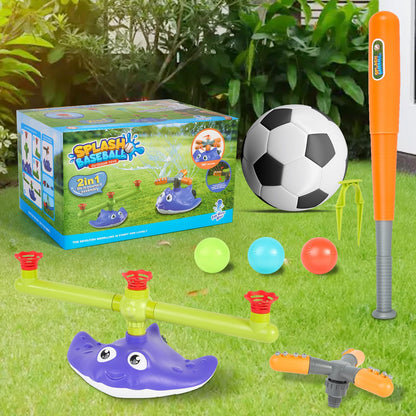 PWSOMJ 2-in-1 Water Sprinkler Baseball Toy Set for Kids, Summer Outdoor Water Game with 2 Sprinkler Heads, 360° Rotating Sprinkler for Backyard Summer Fun