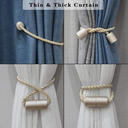 Porlau 2 Pack Beige Strong Magnetic Curtain Tiebacks Outdoor Elegant Decorative Tie Backs Modern Rope Tiebacks for Drapes Window Curtain Holdbacks for Draperies