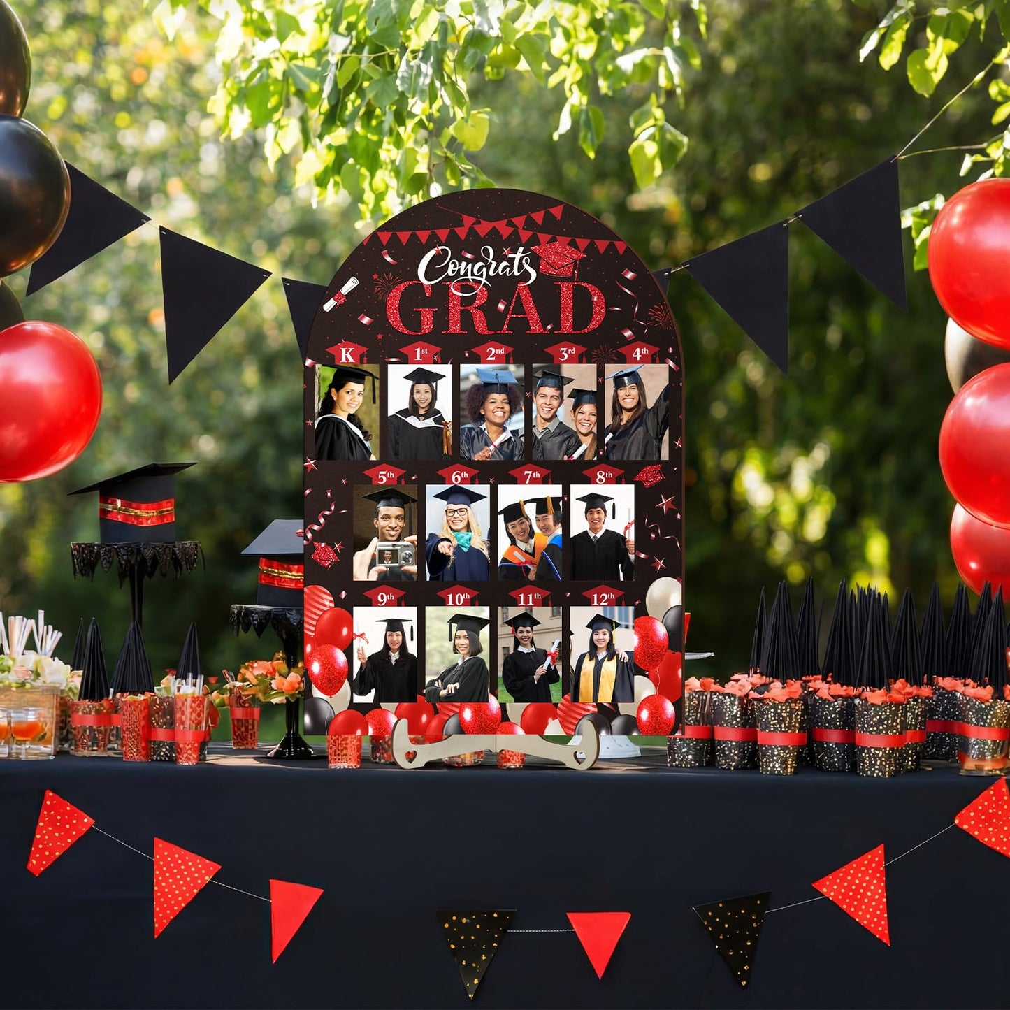 Leinuosen K-12 Graduation Picture Display for Party Decoration, Kindergarten to 12th Congrats Grade Photo Display Wood Picture Board for Senior High School Graduation Decoration(Black Red)