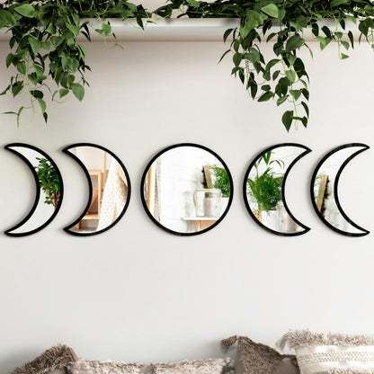 HMANGE 5-Piece Black Acrylic Moon Phase Wall Mirror Set - Shatterproof Safety Design, Easy Stick-On Installation, Boho Celestial Decor for Bedroom Living Room