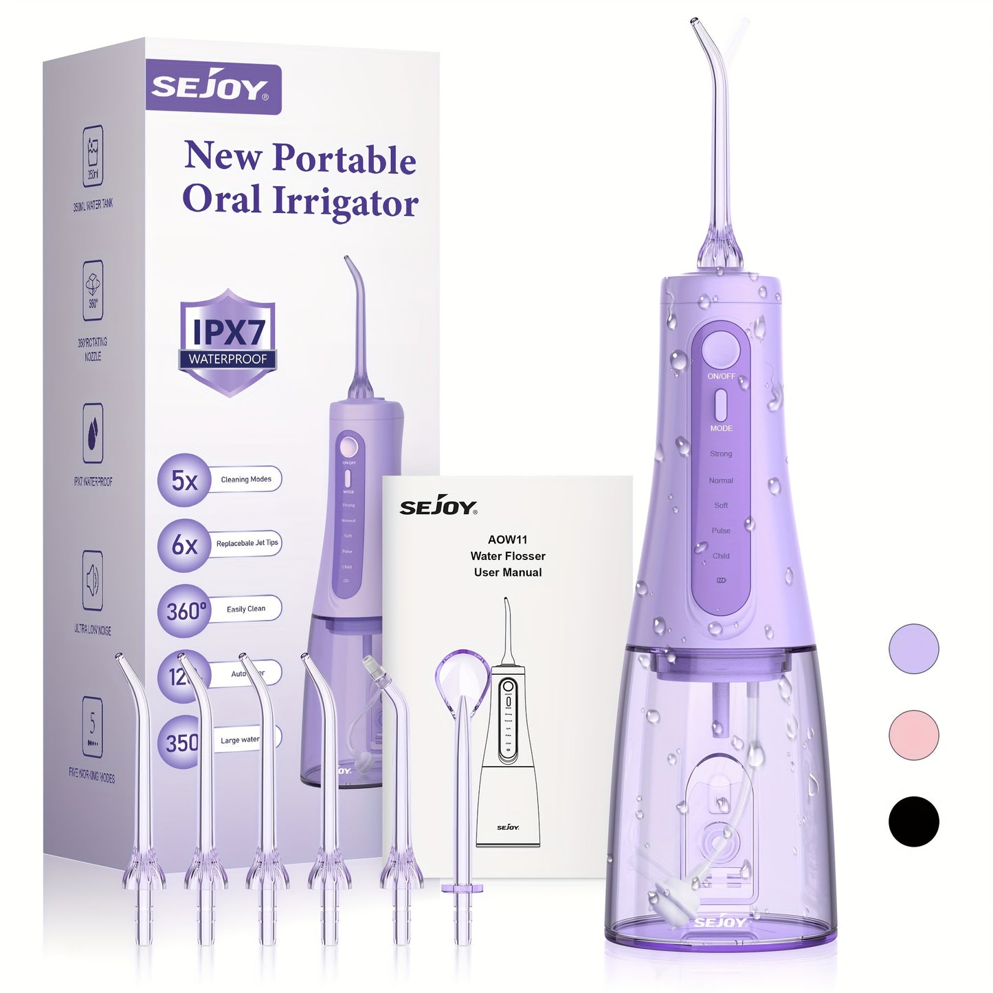 SEJOY Wireless Oral Irrigator, 5 Modes And 8 Nozzles, Portable 11.83oz Electric Oral Irrigator, Dental Irrigator for Home And Travel, IPX7 Waterproof