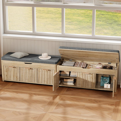 LOOMORA Shoe Bench with Storage - Lift Top Entryway Bench with Hidden Storage, Shoe Rack with Adjustable Shelves and Cushioned Seat, Wooden End of Bed Bench for Bedroom, Living Room and Hallway,Nature