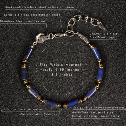 Casvia Men's Indigo Blue Stone Beaded Bracelet, Obsidian & Hematite, Stainless Steel Dual-Clasp, Adjustable, Durable Daily Wear, Azure Veil, Ideal Gift for Men Dad Boyfriend Son