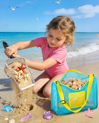 DISHIO Beach Toys for Kids, 25 Pcs Metal Sand Sifter & Collapsible Beach Buckets Set, Stainless Steel Sand Shovel, Sandcastle Building Kit with Mesh Bag, Travel Sand Toys for Toddlers Age 3-10
