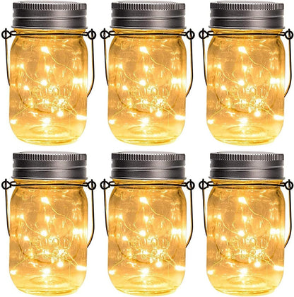 GIGALUMI Hanging Mason Jar Solar Lights, 6 Pack 30 Led Hanging Solar Lanterns Outdoor Waterproof, Hangers and Jars Included, Outdoor Decor for Balcony, Garden, Patio, Yard, Wedding