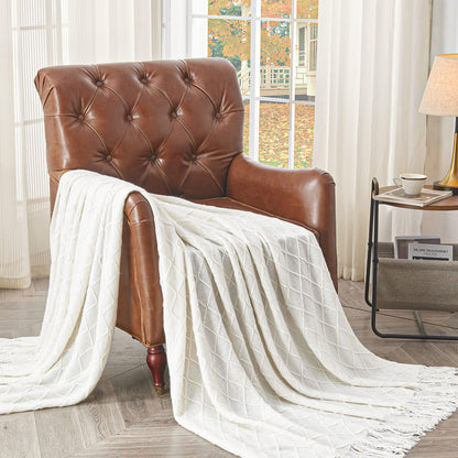 inhand Knitted Throw Blankets for Couch and Bed, Soft Cozy Knit Blanket with Tassel, Off White Lightweight Decorative Blankets and Throws, Farmhouse Warm Woven Blanket for Men and Women, 60"x80"