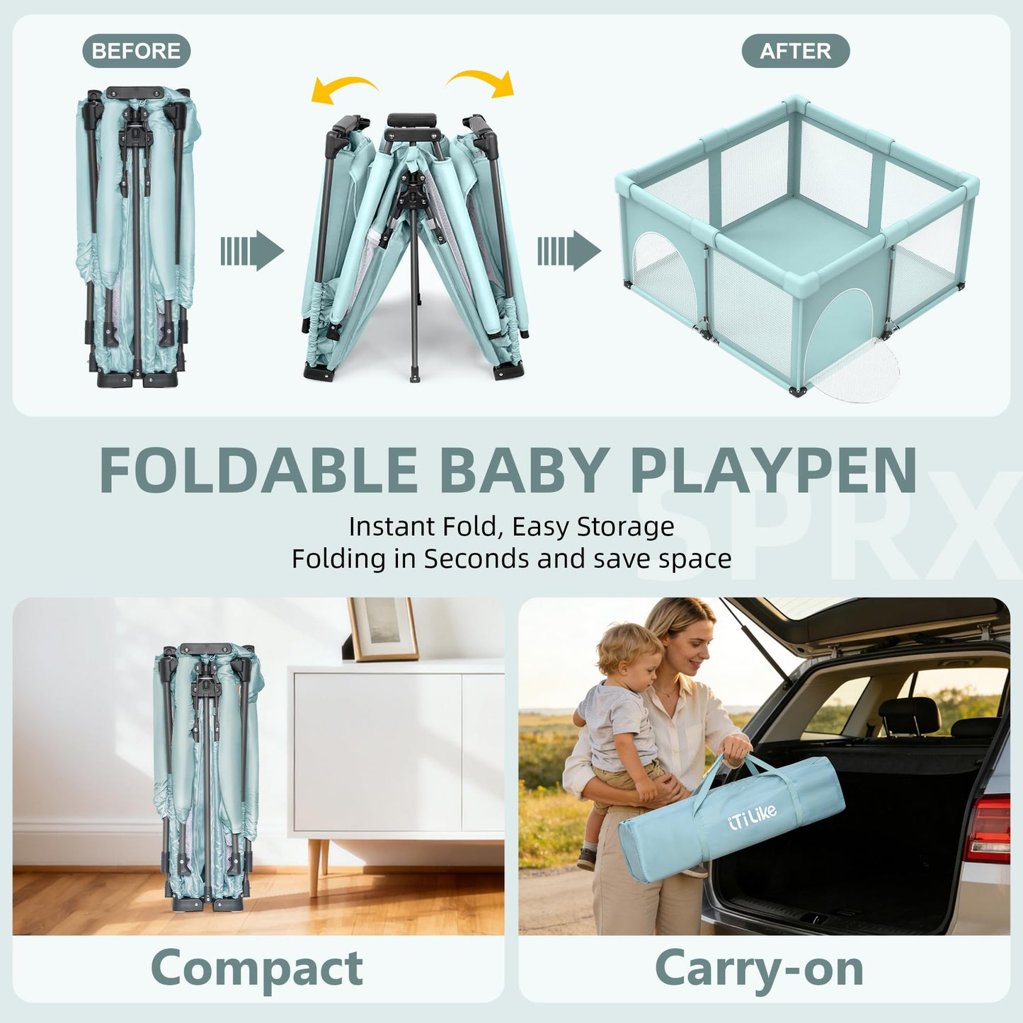 Foldable Baby Playpen, iTiLike Large Playard with Detachable Thickened Washable Water-Resistant Mat, Playpen for Babies and Toddlers, Play Pens with Gate, Indoor & Outdoor Portable Play Yard
