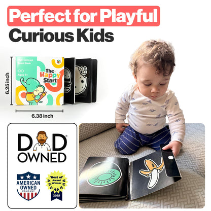 Happy Start Award-Winning High Contrast Board Book - Newborn Black & White Baby Cards, Easy to Clean, Hospital Approved, Stands on Its Own, Tummy Time Toy, Ages 0+ (3 Pack - Animals, Food, Landmarks)