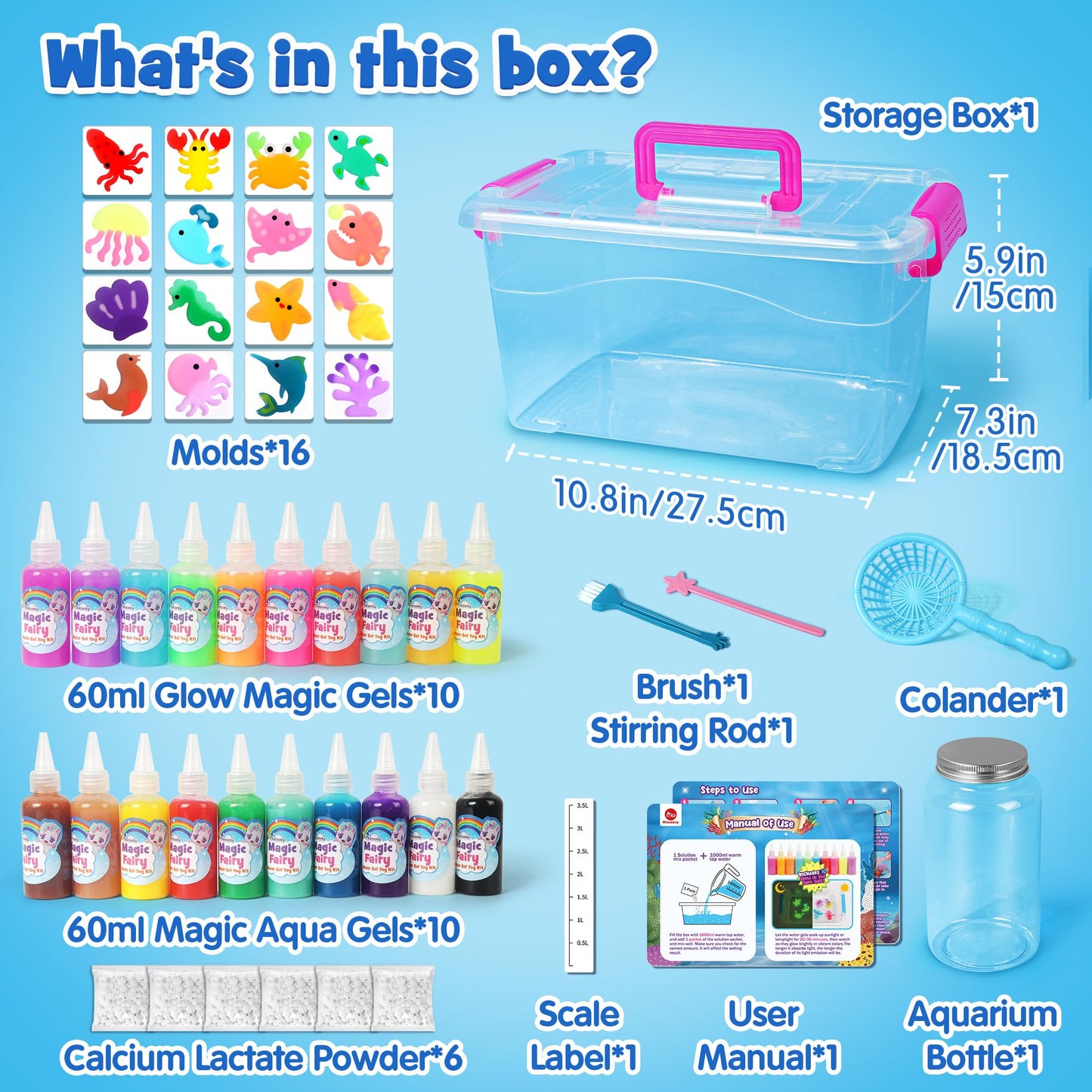 Mocoosy Magic Water Elf Toy Kit for Kids, Glow in the Dark Aqua Fairy Water Gel Kit with 20 Gel & 16 Molds, Make Your Own Squishies, Squishy Maker Set Water Pets DIY STEM Craft Kit Gift for Boys Girls