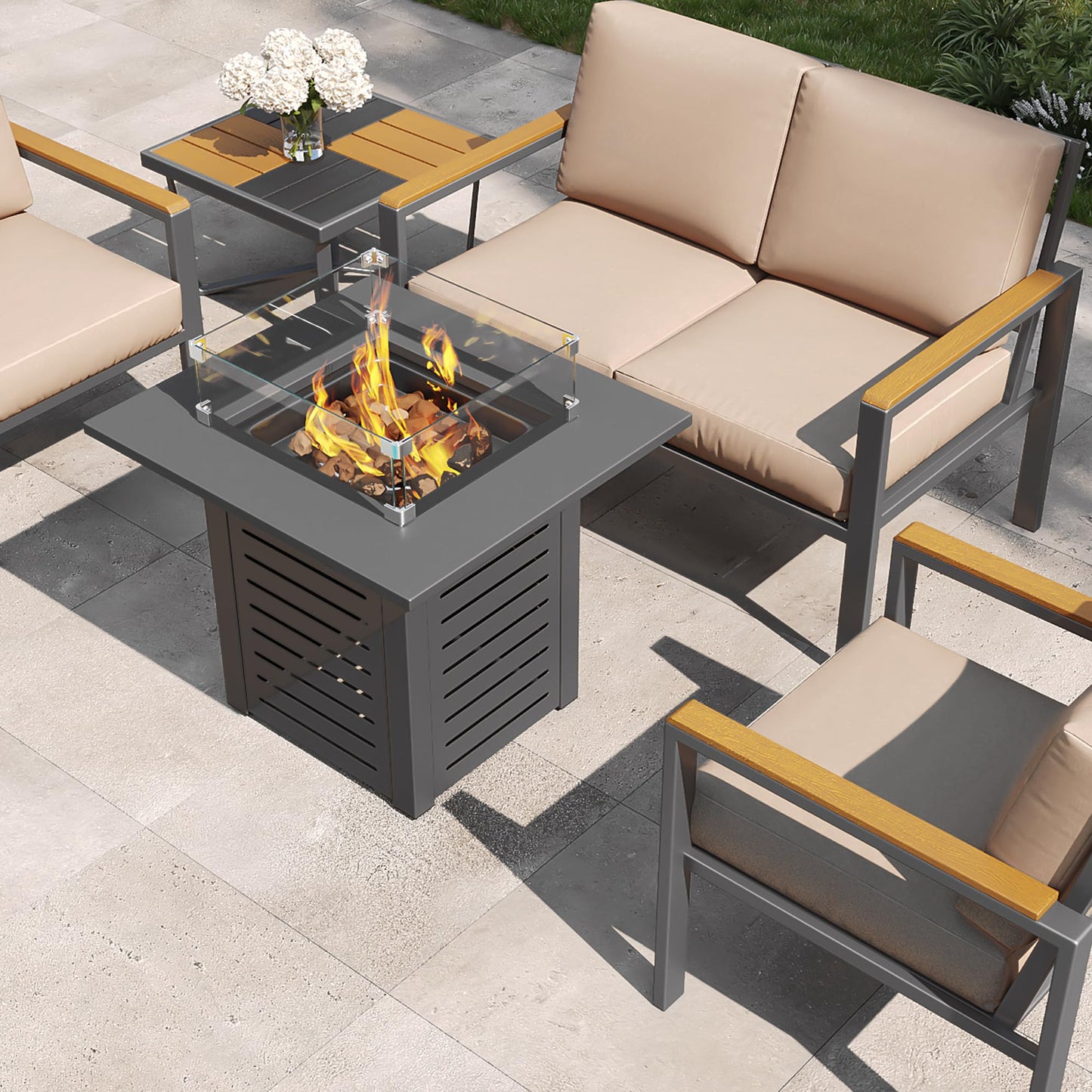 28'' Propane Fire Pit Table, 50,000 BTU Steel Gas Firepit for Outdoor Patio Deck and Garden, CSA Certified Fire Pit with Lid, Waterproof Cover, Glass Wind Guard and Lava Rock, Black