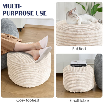 SHOUREN Stuffed Round Pouf Ottoman,Corduroy Foot Rest with Shredded Foam Filling, Lightweight and Fluffy Pouf Storage Ottoman for Living Room,Floor Poufs for Couch,20"x15", Beige