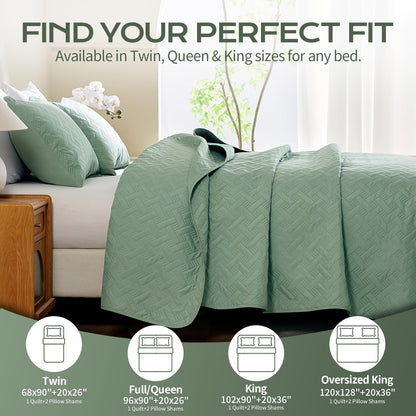 JYHOPE Sage Green Twin Quilt Set 68x90 Lightweight Microfabric Bedspread, 3-Piece Quilt Bedding with Pillow Shams, Summer Cooling Quilts, Ribbon Wrapped Gift