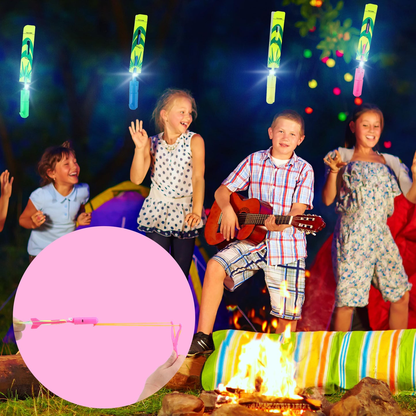 Cagemoga 72 Pcs Rocket Slingshot Flying Toys with LED Lights and Whistle Includes 36 Pcs Arrow Helicopter and 36 Pcs Launchers for Kids Outdoor Game Glow in The Dark Party Supplies