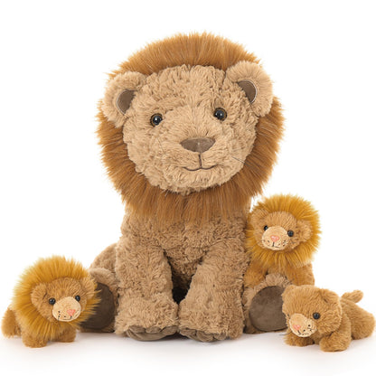Karister Lion Plush Toy, 17.7" Mother Lion Stuffed Animal with 3 Cute Baby Lions, 4Pcs Wild Animal Stuffed Toy for Kids Boys Girls, Safari Animal Plushies Gift for Christmas Birthday, Brown