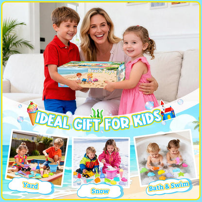 EULRGAUS Beach Toys, 36 PCS Sand Toys with Construction Vehicles, Collapsible Bucket, Princess & Prince and Ice Cream Toys, Sand Castle Building Kit, Beach Shovel, Beach Games for Kids, Boys and Girls