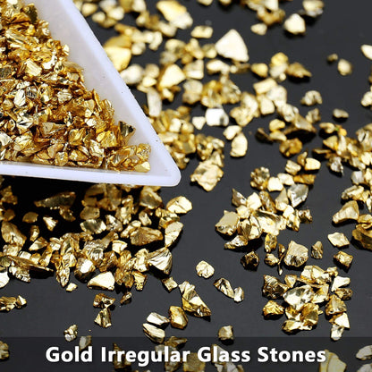 Irregular Crushed Glass Chips Sprinkles, 100g Metallic Chunky Glitter Stones for Nail Art, Resin Mold Filler, DIY Crafts, Vase Filler, Jewelry Making (Gold)