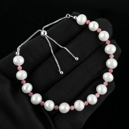 CRYSTALIS Natural Pink-Tourmaline And Freshwater Pearl Beaded Bracelet, Elegant Beads Crystal, Chakra Bracelet, Healing Bracelet, Gemstone Jewelry, 925 Sterling Silver Slider 10 inch