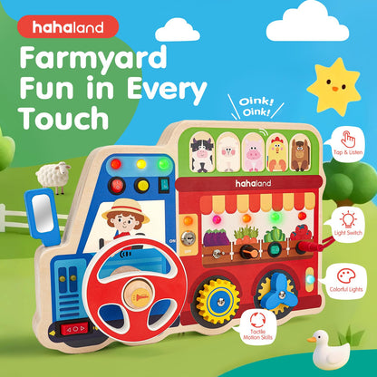 hahaland Montessori Busy Board for Toddlers 3-5, 18-in-1 Wooden Sensory Activity Board with LED Lights & Switches, Educational Montessori Toy for Fine Motor Skills, Kids Gift
