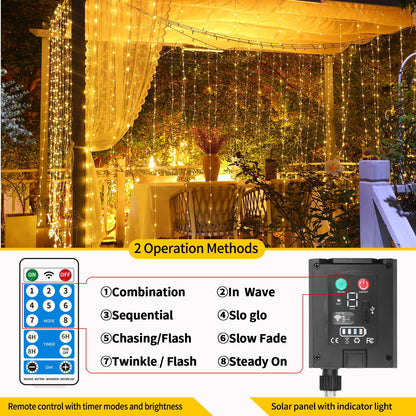Solar Curtain Lights Outdoor Waterproof 10 * 10Ft 300LED Waterfall Light with 8 Modes Remote Rechargeable Dimmable Hanging Twinkle Fairy String Lights for Outside Christmas Gazebo Party Wedding