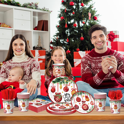 Joy To The World Christmas Tableware, 144Pcs Joy To The World Christmas Decorations includes Xmas Plates and Ball Napkins, Happy Holiday Plates and Napkins for Xmas Holiday Party