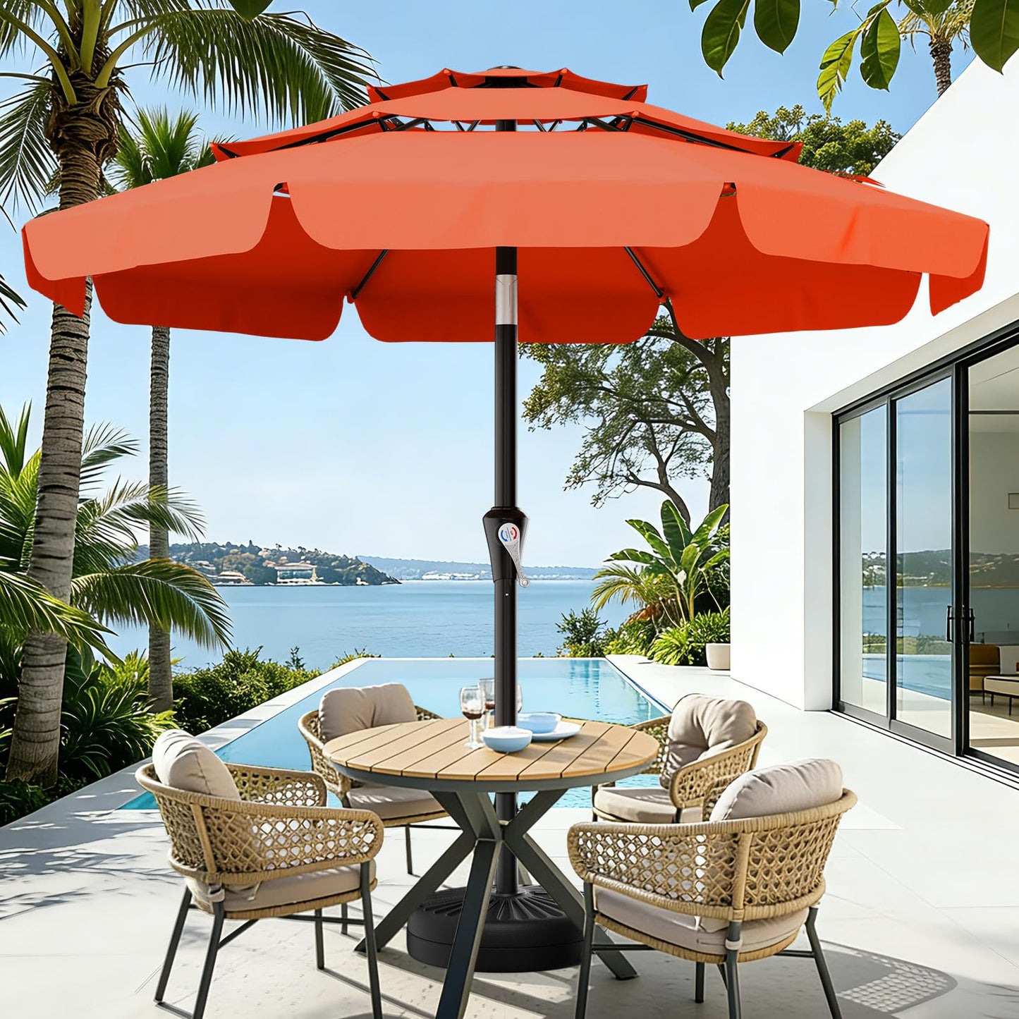 AreShark 9FT 3-Tiers Patio Umbrella with Valance, Outdoor Umbrellas with Crank/Tilt, Table Market Umbrella Vented w/ 8 Sturdy Ribs for Garden, Deck, Backyard, and Pool, Orange