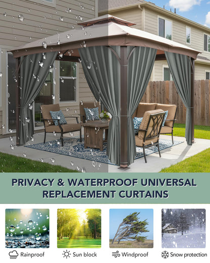 RichSets Gazebo Curtains Outdoor Waterproof - 10'Wx10'Lx7'H Weatherproof Patio Pergola Outside Curtains, Gazebo Universal Replacement Privacy Curtains, 4 Panels Sidewall Drapes with Zipper, Grey