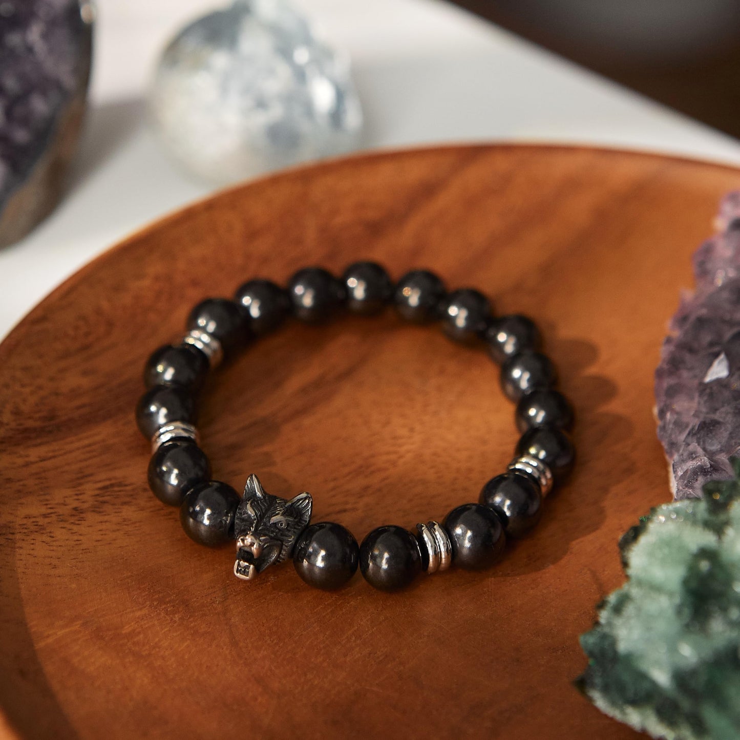 Karelian Heritage Shungite Stone Beaded Bracelet, Handmade for Men, Natural Stones and 7.3 Inch Elastic Stretch Band, Spiritual Chakra Crystal Healing Jewelry (Shungite & Wolf Charm)