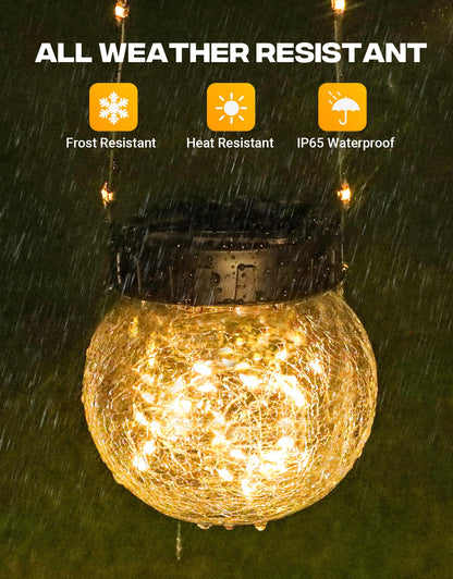 PARTPHONER Solar Lights Outdoor Waterproof 12-Pack, Solar Powered Hanging Lantern Cracked Glass Hanging Globes for Yard Decor Christmas Decoration, Shepherd Hook, Garden Tree Ornaments, Warm White